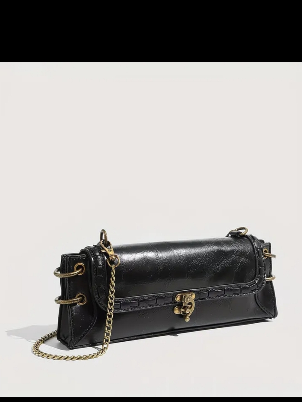 Black Faux Leather Chain Shoulder Bag with Gold Hardware - Picture 2 of 2